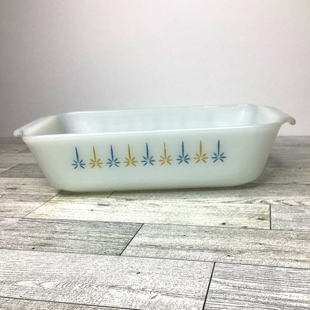Retro Fire King Anchor Hocking #441 Atomic Loaf Pan MCM Candle Glow Pattern